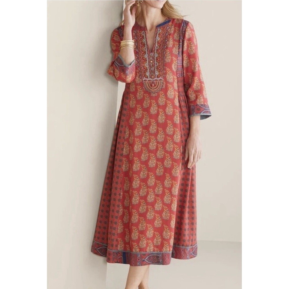 Soft Surroundings XS Red Paisley Floral Embroidered Beaded Phoenix Midi Dress - Picture 2 of 11